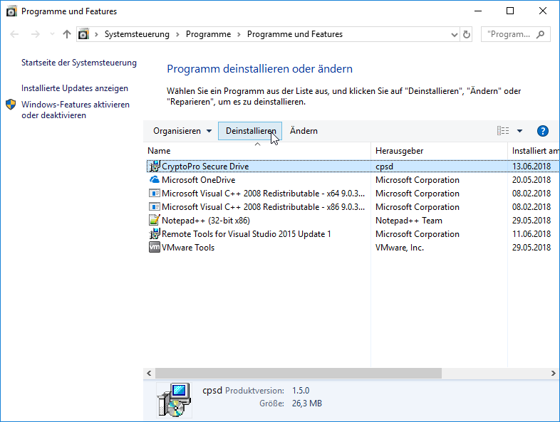 A‑Trust CryptoPro Secure Drive — Deinstallieren — Windows 7