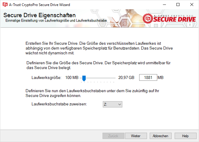 Einfacher Installations-Wizard zum Erstellen des Secure Drive